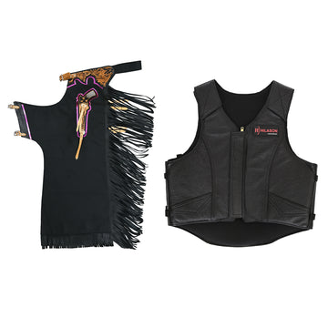 HILASON Western Horse Bull Riding Safety Leather Protective Vest & Rodeo Chaps Combo
